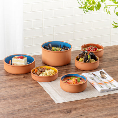 Terra Tek 17 oz Terracotta Cazuela Bowl - Blue Glazed Interior, Oven-Safe, Microwave-Safe - 5 3/4" x 5 3/4" x 2" - 2 count box