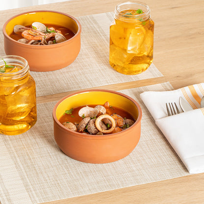 Terra Tek 27 oz Terracotta Cazuela Bowl - Yellow Glazed Interior, Oven-Safe, Microwave-Safe - 6 1/4'' x 6 1/4'' x 2 1/2'' - 2 count box