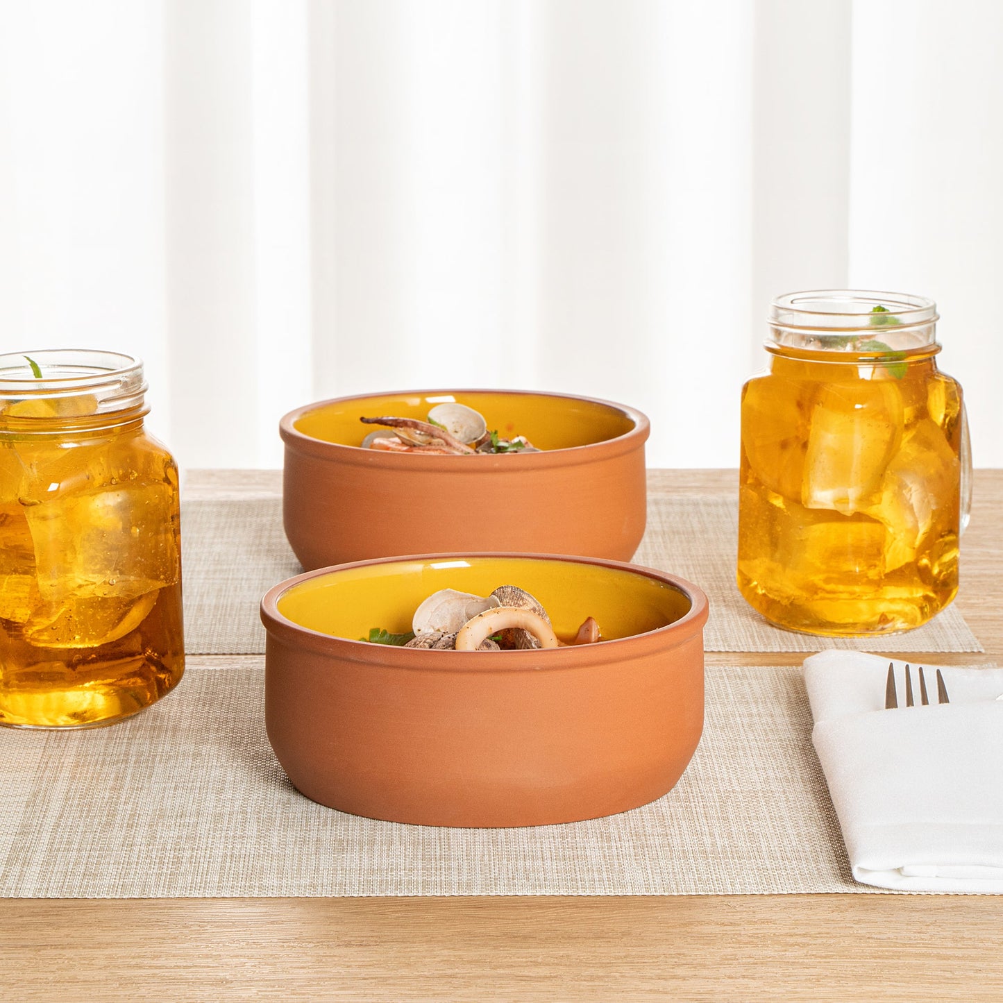 Terra Tek 27 oz Terracotta Cazuela Bowl - Yellow Glazed Interior, Oven-Safe, Microwave-Safe - 6 1/4'' x 6 1/4'' x 2 1/2'' - 2 count box