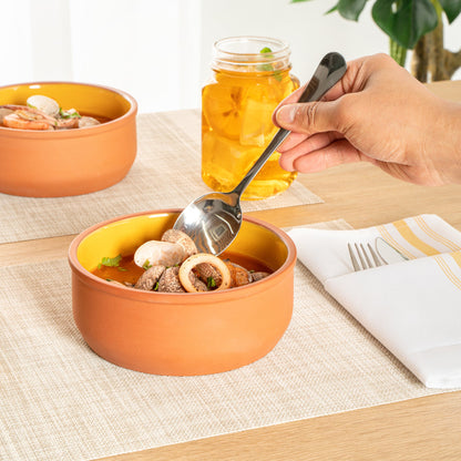 Terra Tek 27 oz Terracotta Cazuela Bowl - Yellow Glazed Interior, Oven-Safe, Microwave-Safe - 6 1/4'' x 6 1/4'' x 2 1/2'' - 2 count box
