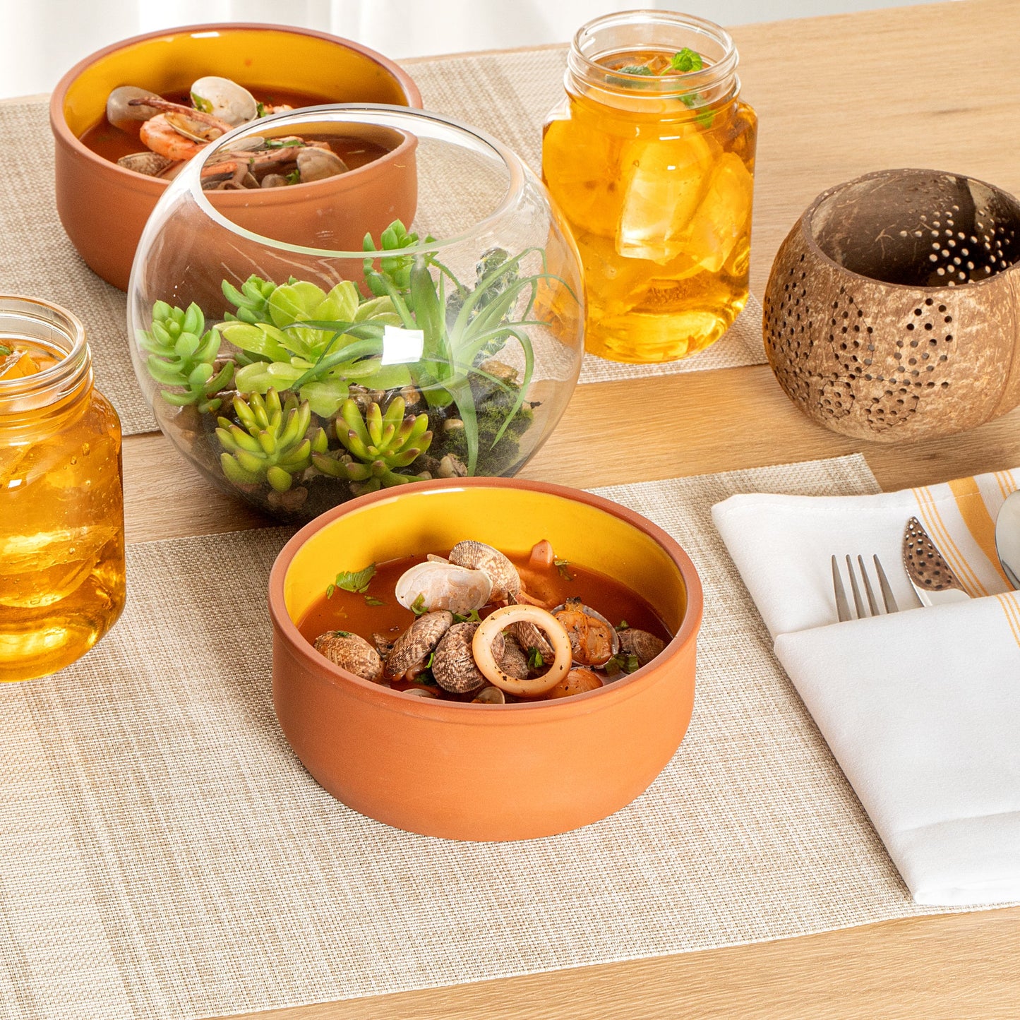 Terra Tek 27 oz Terracotta Cazuela Bowl - Yellow Glazed Interior, Oven-Safe, Microwave-Safe - 6 1/4'' x 6 1/4'' x 2 1/2'' - 2 count box