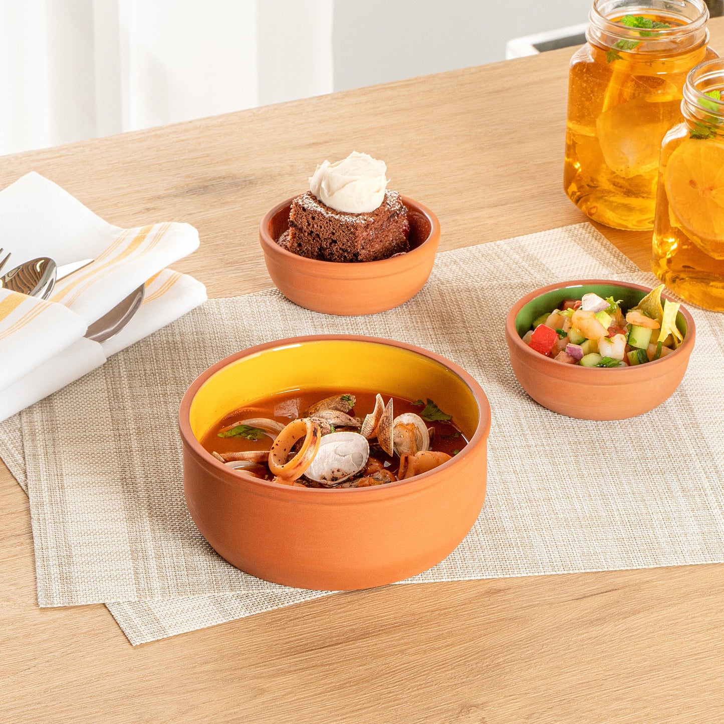 Terra Tek 27 oz Terracotta Cazuela Bowl - Yellow Glazed Interior, Oven-Safe, Microwave-Safe - 6 1/4'' x 6 1/4'' x 2 1/2'' - 2 count box