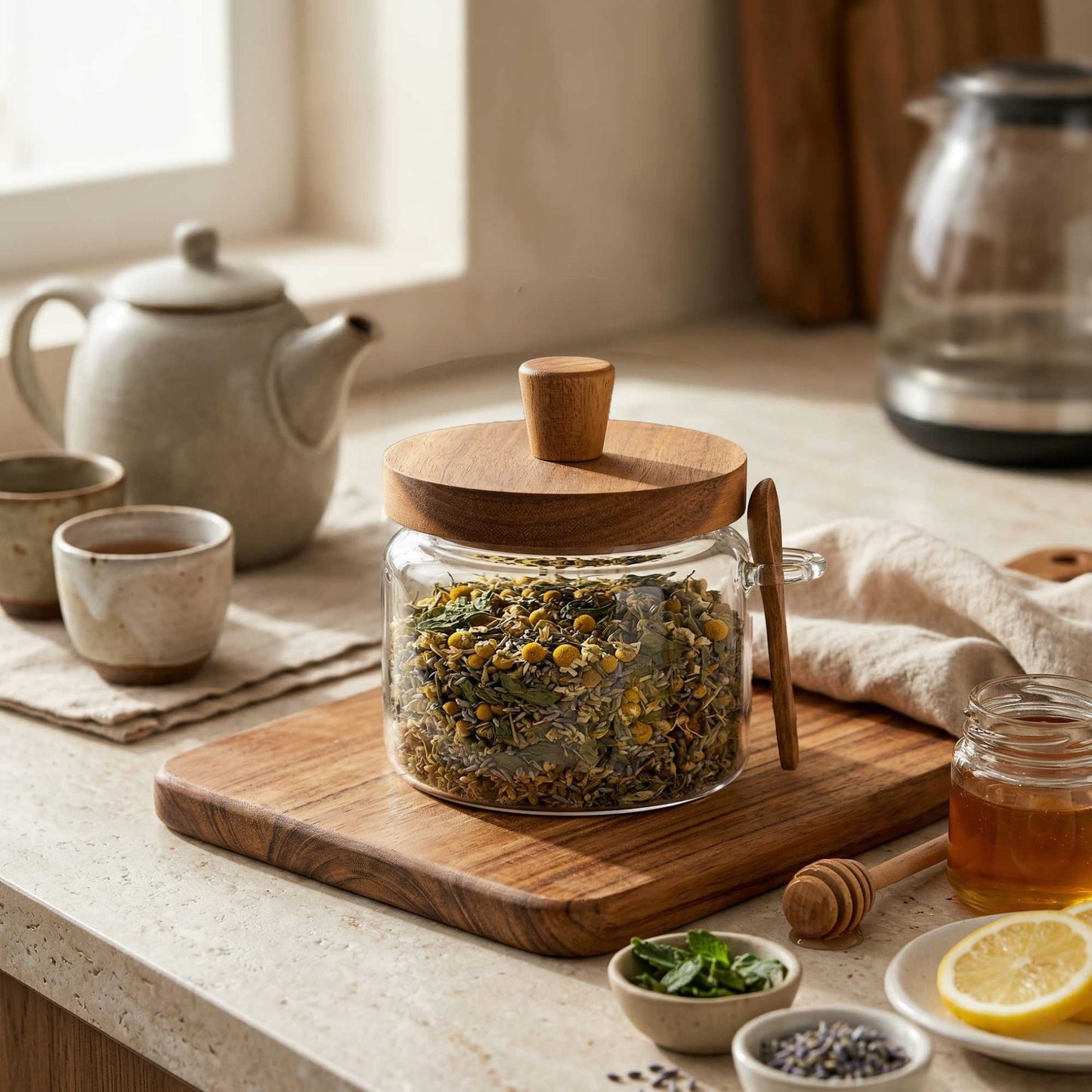 Vetri 17 oz Glass Storage Jar - with Acacia Lid and Spoon - 3 1/4" x 3 1/4" x 5" - 1 count box