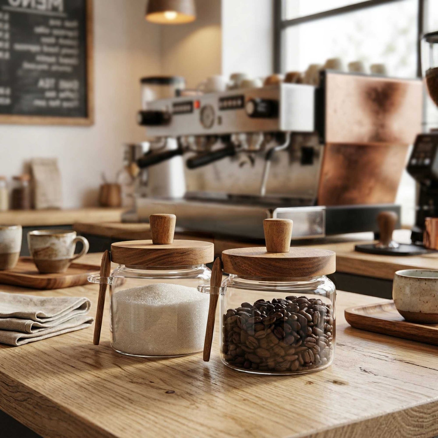 Vetri 17 oz Glass Storage Jar - with Acacia Lid and Spoon - 3 1/4" x 3 1/4" x 5" - 1 count box