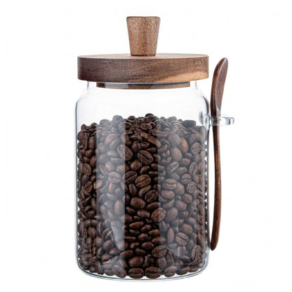 Vetri 29 oz Glass Storage Jar - with Acacia Lid and Spoon - 3 1/4" x 3 1/4" x 7 1/2" - 1 count box