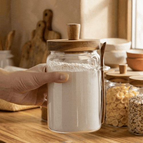 Vetri 29 oz Glass Storage Jar - with Acacia Lid and Spoon - 3 1/4" x 3 1/4" x 7 1/2" - 1 count box