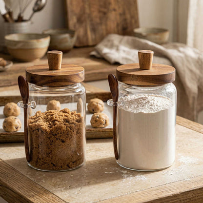 Vetri 29 oz Glass Storage Jar - with Acacia Lid and Spoon - 3 1/4" x 3 1/4" x 7 1/2" - 1 count box