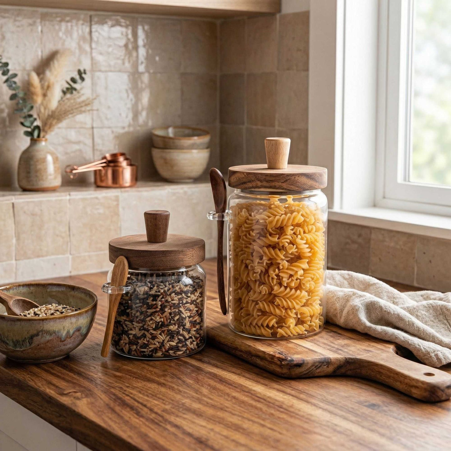 Vetri Glass 2-Piece Storage Jar Set - 17 oz and 27 oz, with Acacia Lid and Spoon - 1 count box