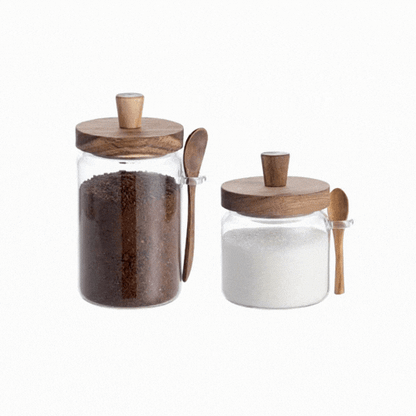 Vetri Glass 2-Piece Storage Jar Set - 17 oz and 27 oz, with Acacia Lid and Spoon - 1 count box