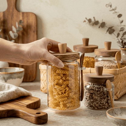 Vetri Glass 2-Piece Storage Jar Set - 17 oz and 27 oz, with Acacia Lid and Spoon - 1 count box