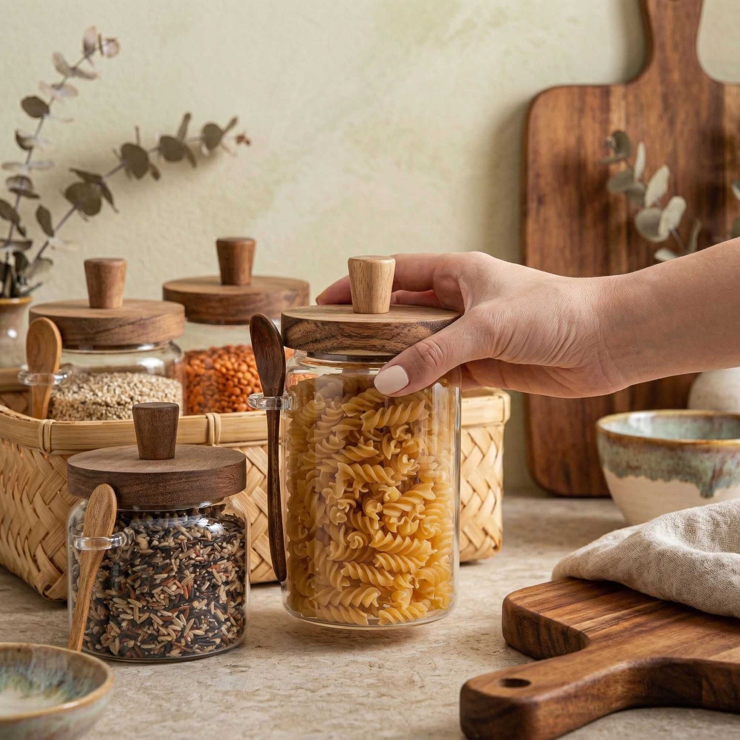 Vetri Glass 2-Piece Storage Jar Set - 17 oz and 27 oz, with Acacia Lid and Spoon - 1 count box