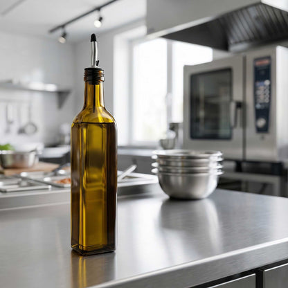Chef 101 17 oz Amber Glass Olive Oil Dispenser - with Stainless Steel Pourers, Funnel Kit - 3 1/4" x 3 1/4" x 12 1/4" - 1 count box
