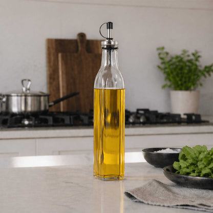 Chef 101 17 oz Glass Olive Oil Dispenser - with Stopper Spout, Funnel Kit - 2 1/4" x 2 1/4" x 12 1/2" - 1 count box