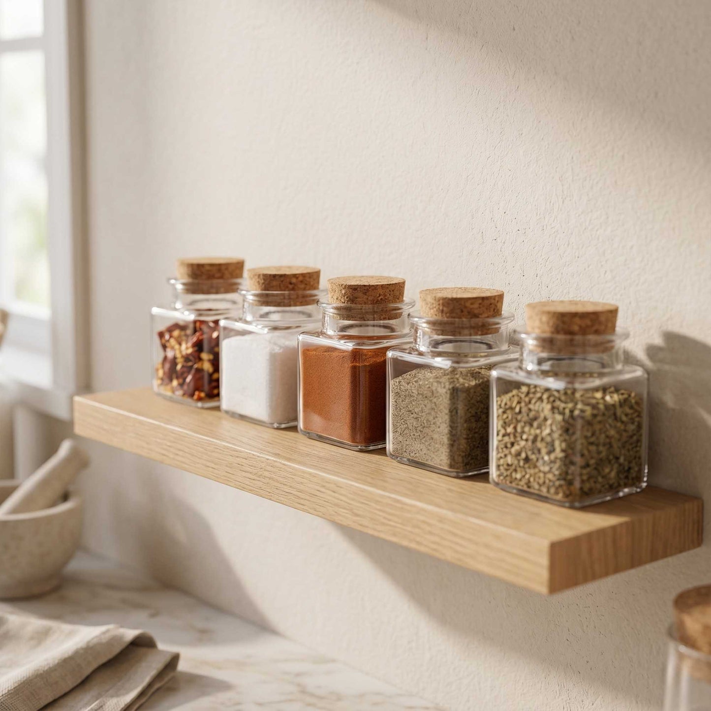 Chef 101 2 oz Square Clear Glass Herb Storage Jar - with Cork Lid - 1 1/2" x 1 1/2" x 2" - 10 count box
