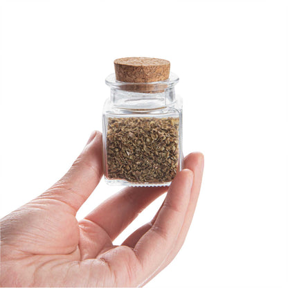 Chef 101 2 oz Square Clear Glass Herb Storage Jar - with Cork Lid - 1 1/2" x 1 1/2" x 2" - 10 count box