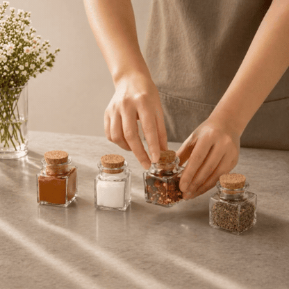 Chef 101 2 oz Square Clear Glass Herb Storage Jar - with Cork Lid - 1 1/2" x 1 1/2" x 2" - 10 count box