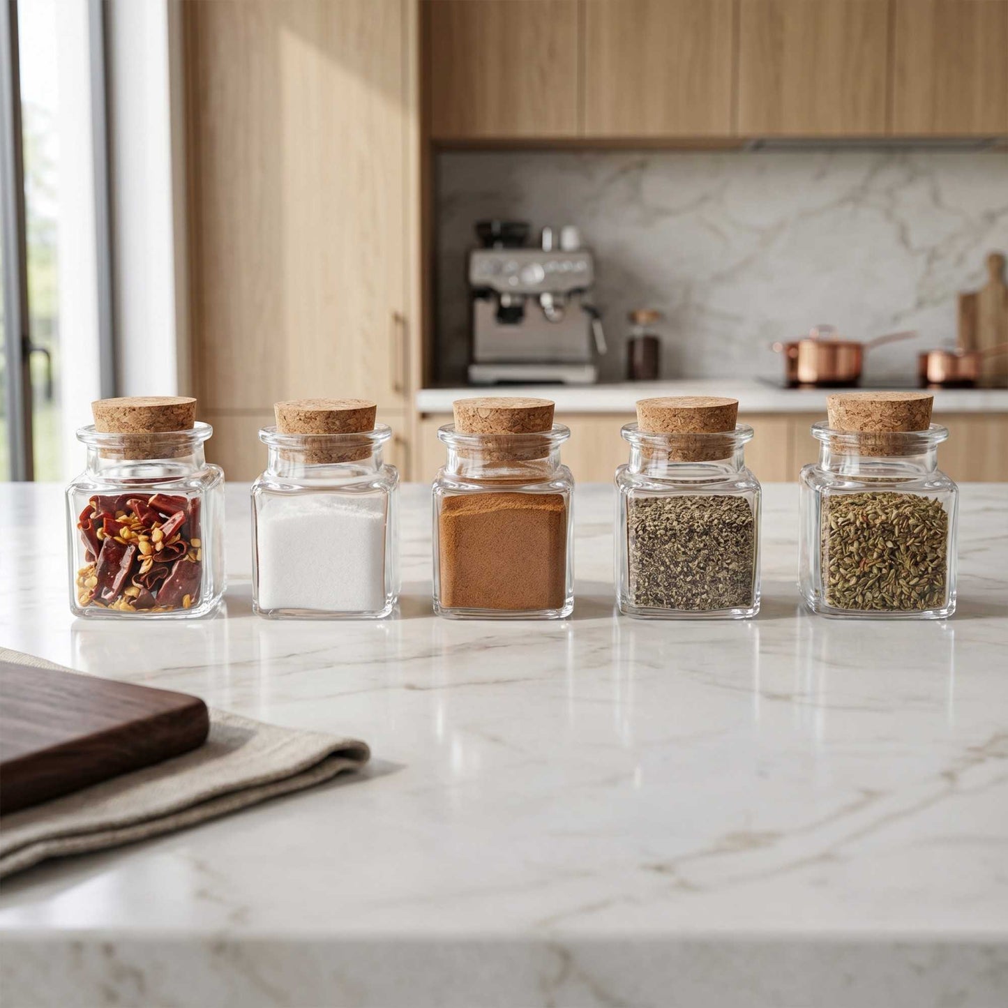 Chef 101 2 oz Square Clear Glass Herb Storage Jar - with Cork Lid - 1 1/2" x 1 1/2" x 2" - 10 count box