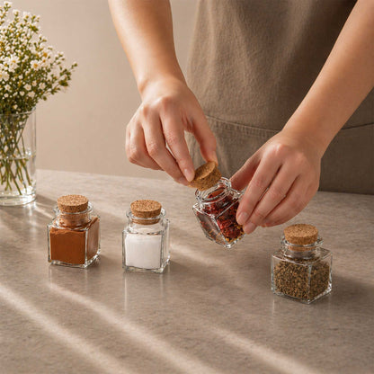 Chef 101 2 oz Square Clear Glass Herb Storage Jar - with Cork Lid - 1 1/2" x 1 1/2" x 2" - 10 count box