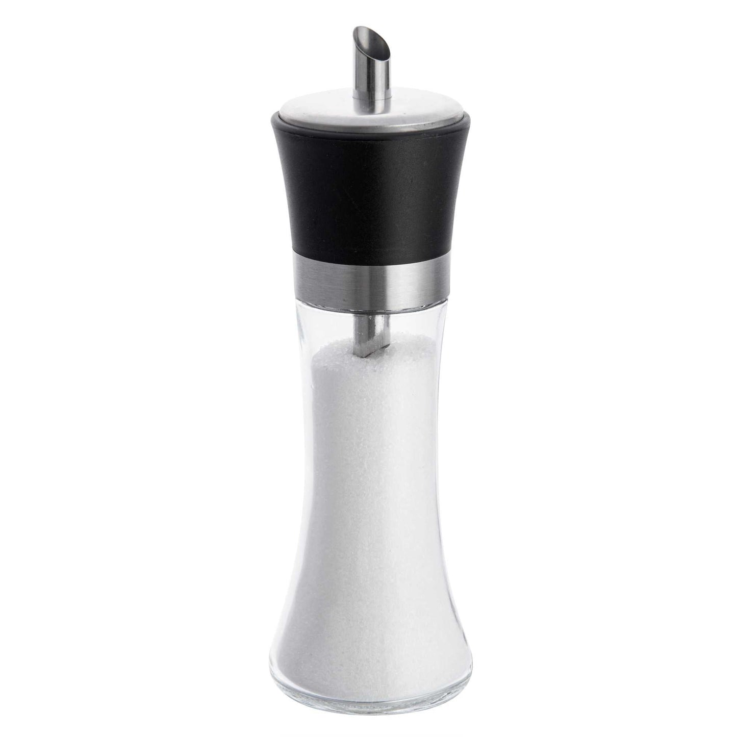 Vetri 6 oz Glass Sugar Dispenser - with Pouring Spout, Black Lid - 1 3/4" x 1 3/4" x 5 3/4" - 1 count box