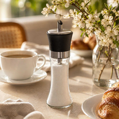 Vetri 6 oz Glass Sugar Dispenser - with Pouring Spout, Black Lid - 1 3/4" x 1 3/4" x 5 3/4" - 1 count box