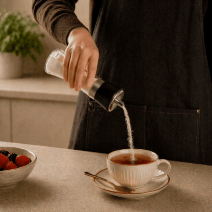 Vetri 6 oz Glass Sugar Dispenser - with Pouring Spout, Black Lid - 1 3/4" x 1 3/4" x 5 3/4" - 1 count box