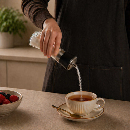Vetri 6 oz Glass Sugar Dispenser - with Pouring Spout, Black Lid - 1 3/4" x 1 3/4" x 5 3/4" - 1 count box