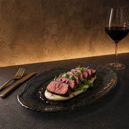 Vetri Oval Black Glass Focus Serving Plate - 15" x 9 3/4" x 1 1/4" - 1 count box