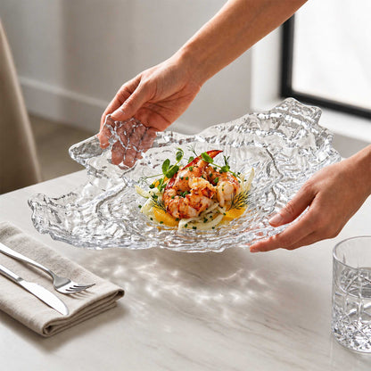 Vetri Abstract Clear Glass Seashell Serving Plate - 15" x 11 1/2" x 2 3/4" - 6 count box