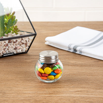 Vetri 2 oz Glass Mini Favor Jar - with Chrome Lid - 2 1/4" x 1 1/2" x 2 1/4" - 100 count box