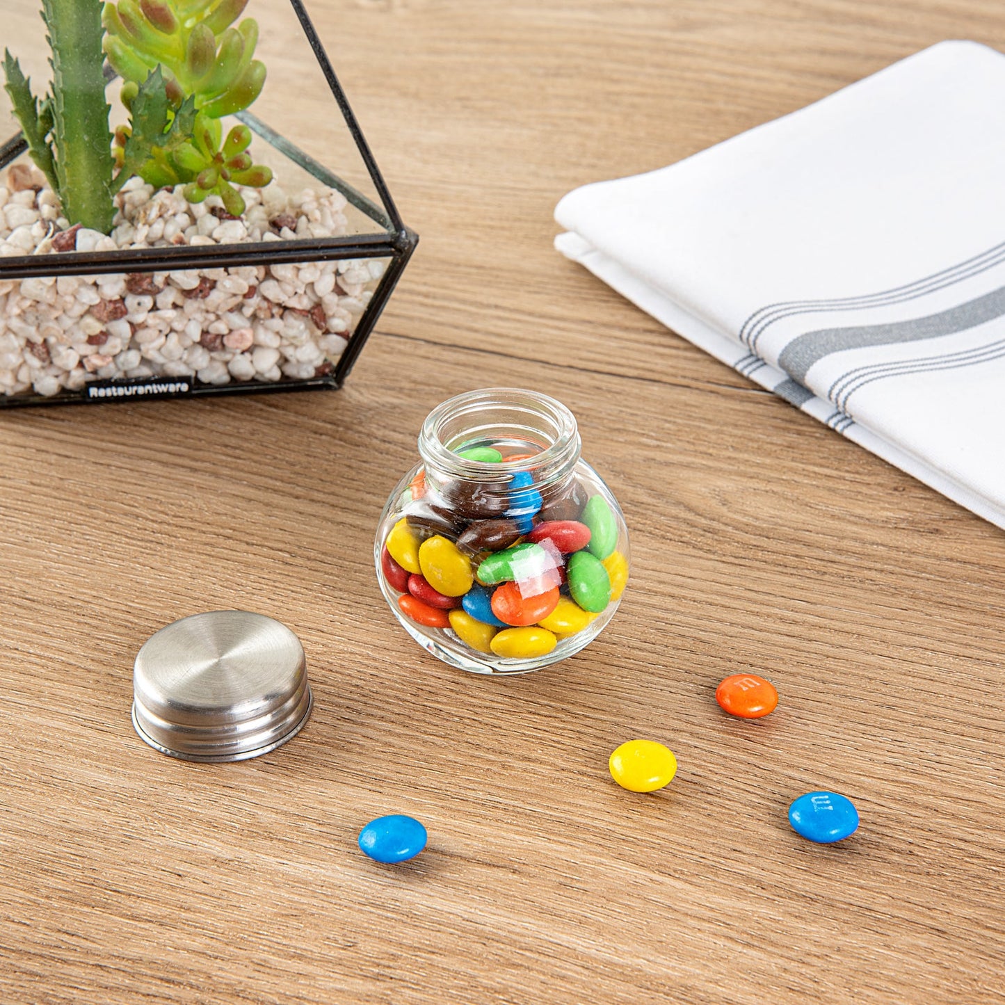 Vetri 2 oz Glass Mini Favor Jar - with Chrome Lid - 2 1/4" x 1 1/2" x 2 1/4" - 100 count box