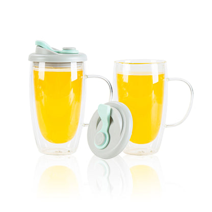 Forma Professional 15 oz Glass Travel Mug - Double Wall, Borosilicate, with Handle and Gray and Green Lid - 10 count box