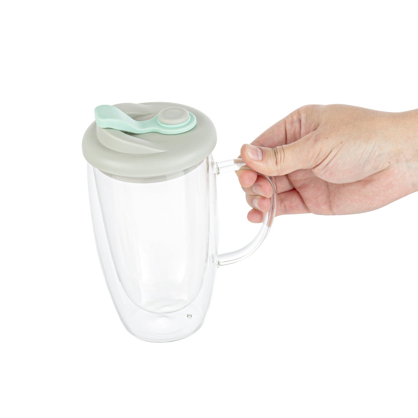 Forma Professional 15 oz Glass Travel Mug - Double Wall, Borosilicate, with Handle and Gray and Green Lid - 10 count box