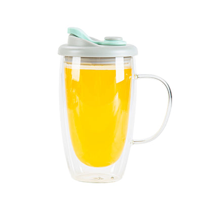 Forma Professional 15 oz Glass Travel Mug - Double Wall, Borosilicate, with Handle and Gray and Green Lid - 10 count box
