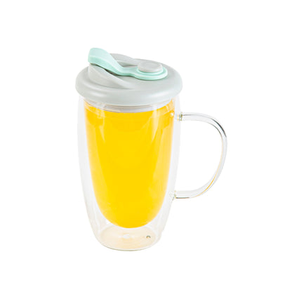 Forma Professional 15 oz Glass Travel Mug - Double Wall, Borosilicate, with Handle and Gray and Green Lid - 10 count box