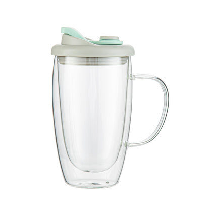 Forma Professional 15 oz Glass Travel Mug - Double Wall, Borosilicate, with Handle and Gray and Green Lid - 10 count box