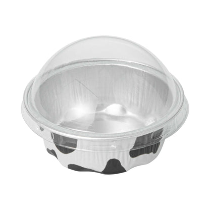 Pastry Tek 2 oz Round Cow Lines Aluminum Baking Cup - with Plastic Dome Lid - 2 3/4" x 2 3/4" x 1" - 100 count box