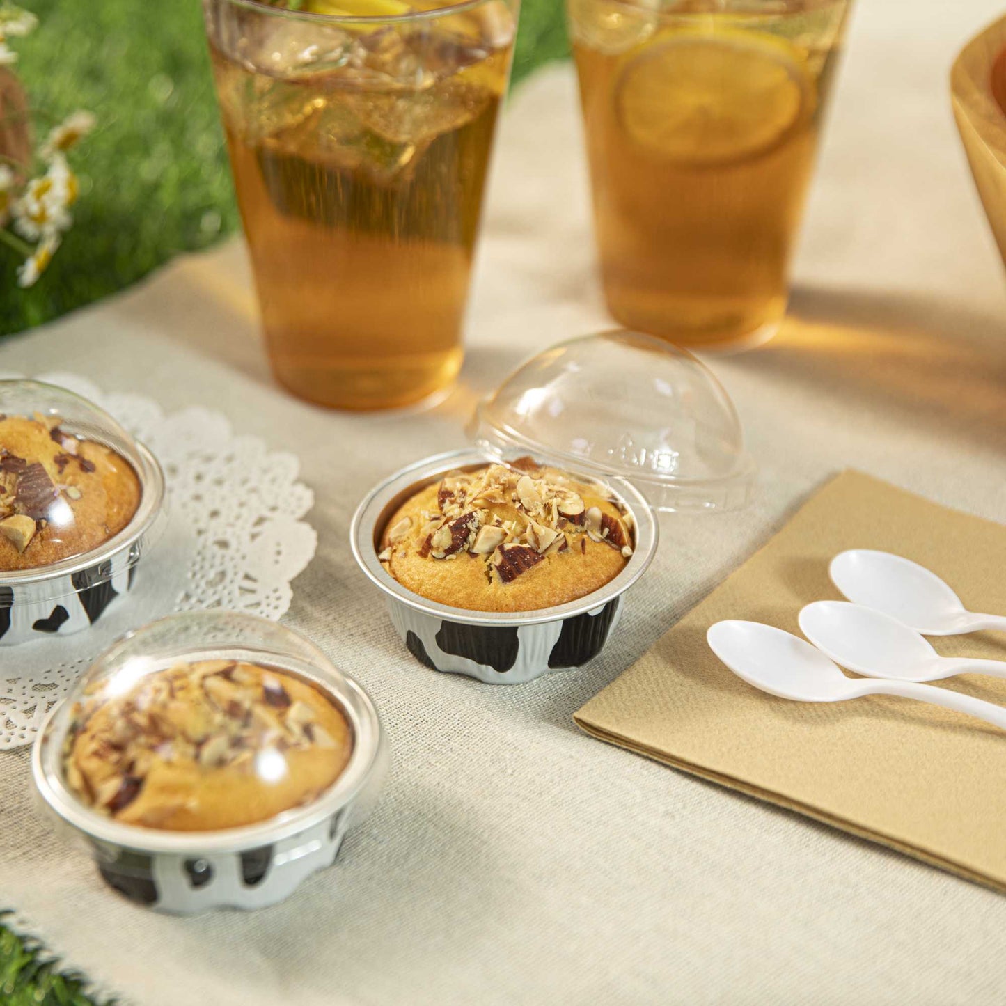 Pastry Tek 2 oz Round Cow Lines Aluminum Baking Cup - with Plastic Dome Lid - 2 3/4" x 2 3/4" x 1" - 100 count box