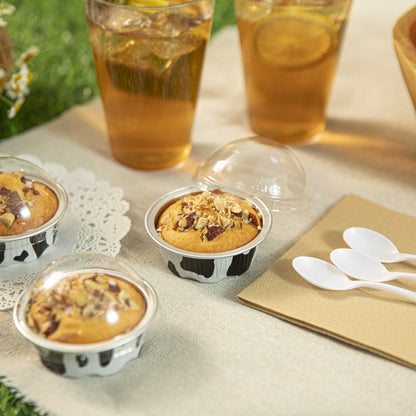 Pastry Tek 2 oz Round Cow Lines Aluminum Baking Cup - with Plastic Dome Lid - 2 3/4" x 2 3/4" x 1" - 100 count box