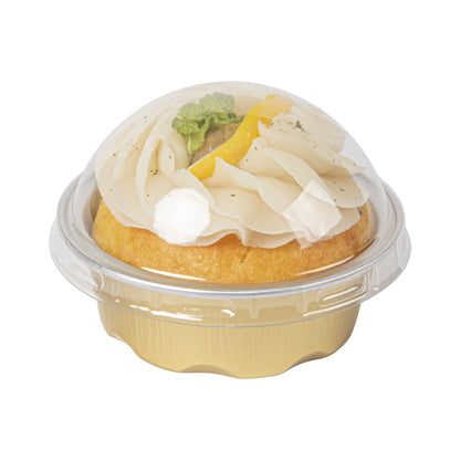 Pastry Tek 2 oz Round Gold Aluminum Baking Cup - with Plastic Dome Lid - 2 3/4" x 2 3/4" x 1" - 100 count box
