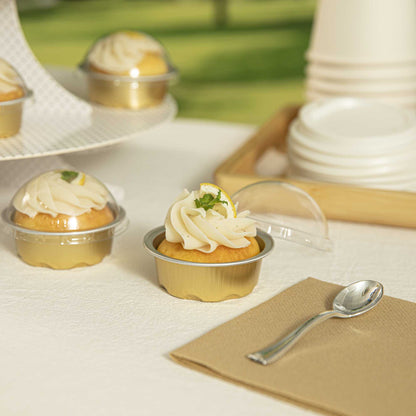 Pastry Tek 2 oz Round Gold Aluminum Baking Cup - with Plastic Dome Lid - 2 3/4" x 2 3/4" x 1" - 100 count box
