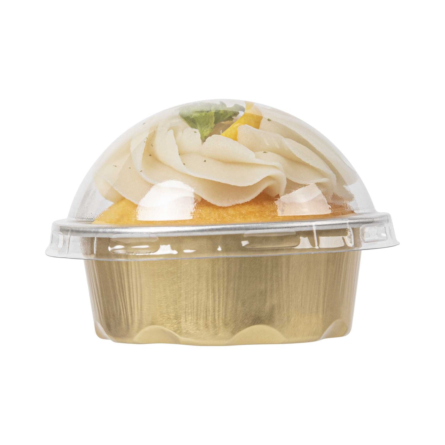 Pastry Tek 2 oz Round Gold Aluminum Baking Cup - with Plastic Dome Lid - 2 3/4" x 2 3/4" x 1" - 100 count box
