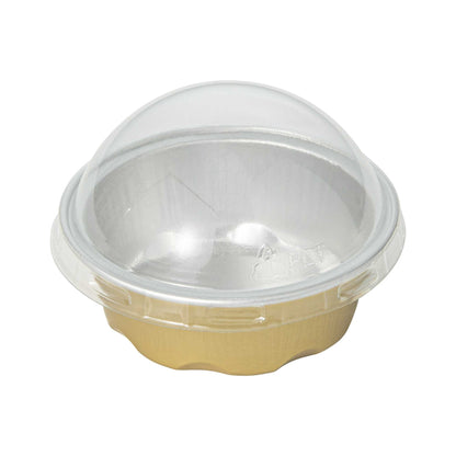 Pastry Tek 2 oz Round Gold Aluminum Baking Cup - with Plastic Dome Lid - 2 3/4" x 2 3/4" x 1" - 100 count box