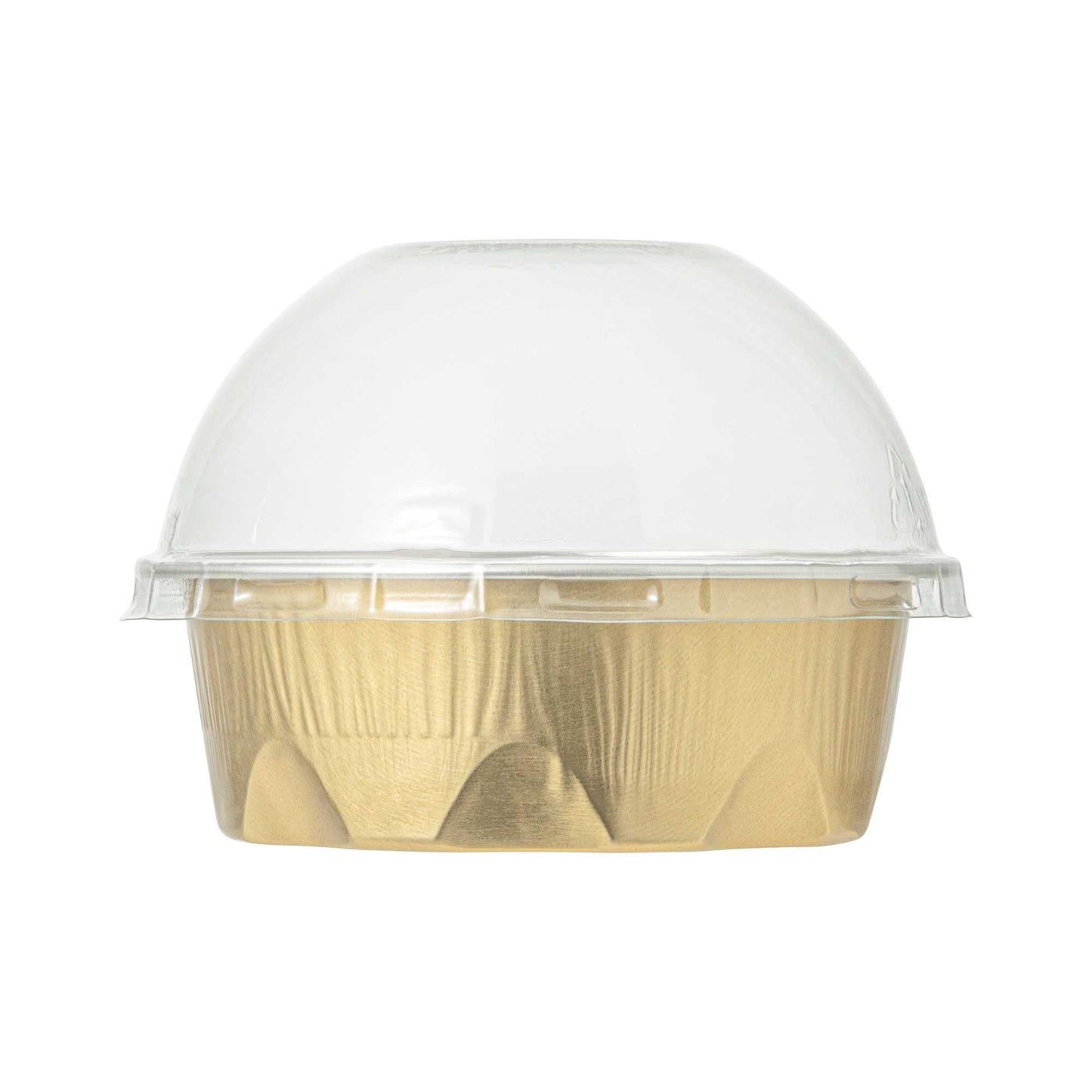 Pastry Tek 2 oz Round Gold Aluminum Baking Cup - with Plastic Dome Lid - 2 3/4" x 2 3/4" x 1" - 100 count box