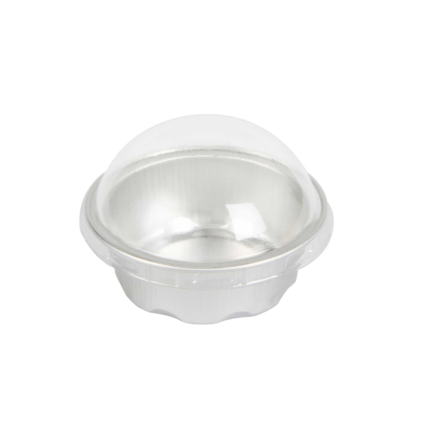 Pastry Tek 2 oz Round Silver Aluminum Baking Cup - with Plastic Dome Lid - 2 3/4" x 2 3/4" x 1" - 100 count box