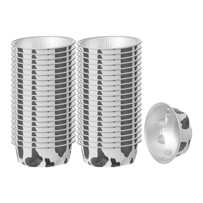 Pastry Tek 3 oz Round Cow Lines Aluminum Baking Cup - with Plastic Dome Lid - 3 1/4" x 3 1/4" x 1" - 100 count box