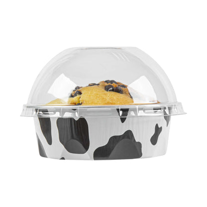 Pastry Tek 3 oz Round Cow Lines Aluminum Baking Cup - with Plastic Dome Lid - 3 1/4" x 3 1/4" x 1" - 100 count box