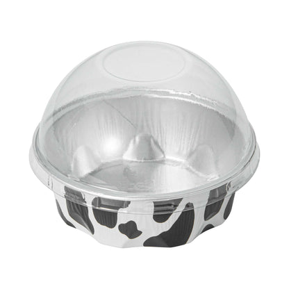 Pastry Tek 3 oz Round Cow Lines Aluminum Baking Cup - with Plastic Dome Lid - 3 1/4" x 3 1/4" x 1" - 100 count box