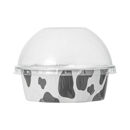 Pastry Tek 3 oz Round Cow Lines Aluminum Baking Cup - with Plastic Dome Lid - 3 1/4" x 3 1/4" x 1" - 100 count box