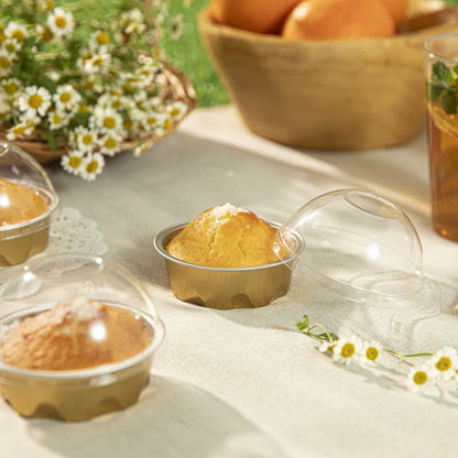 Pastry Tek 3 oz Round Gold Aluminum Baking Cup - with Plastic Dome Lid - 3 1/4" x 3 1/4" x 1" - 100 count box
