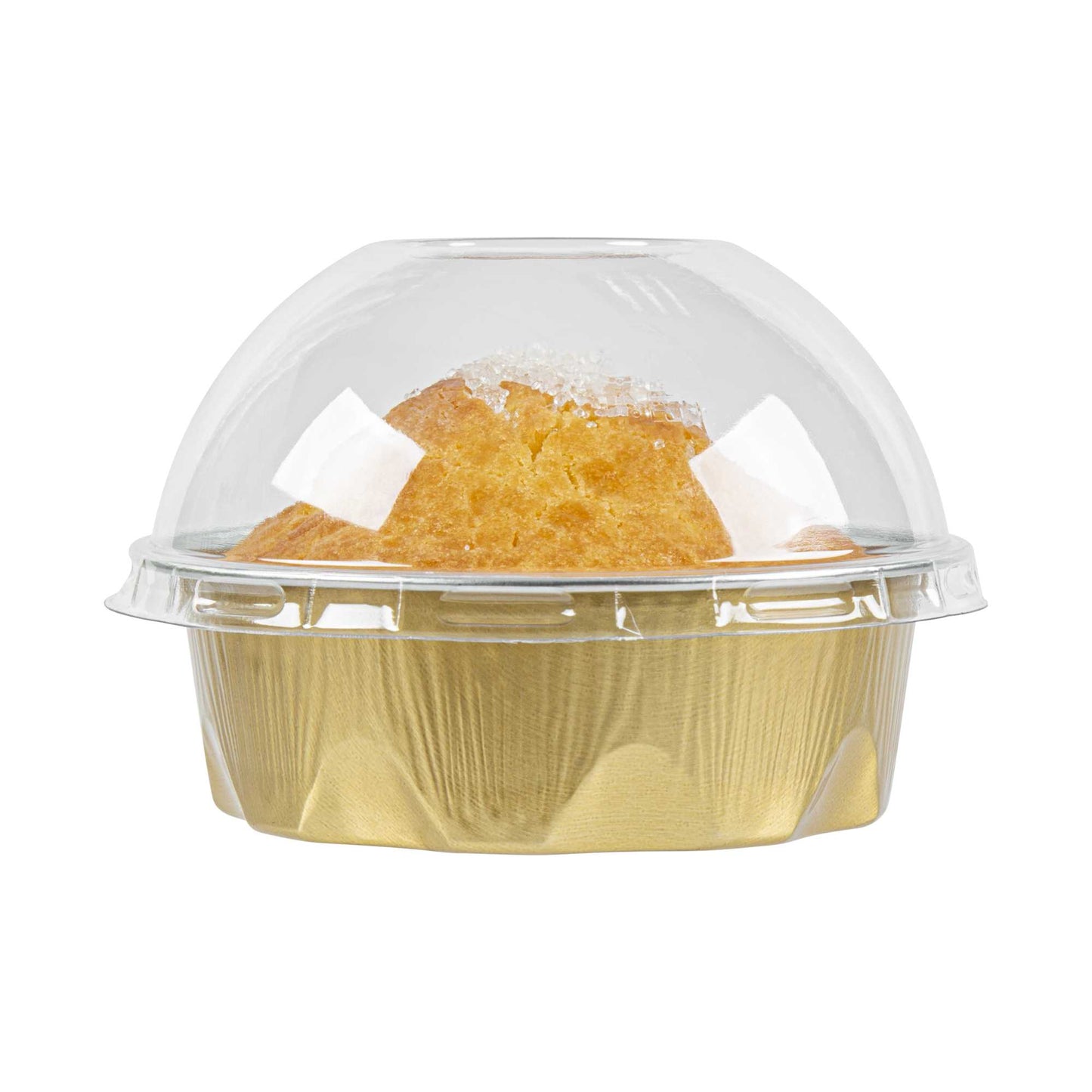 Pastry Tek 3 oz Round Gold Aluminum Baking Cup - with Plastic Dome Lid - 3 1/4" x 3 1/4" x 1" - 100 count box